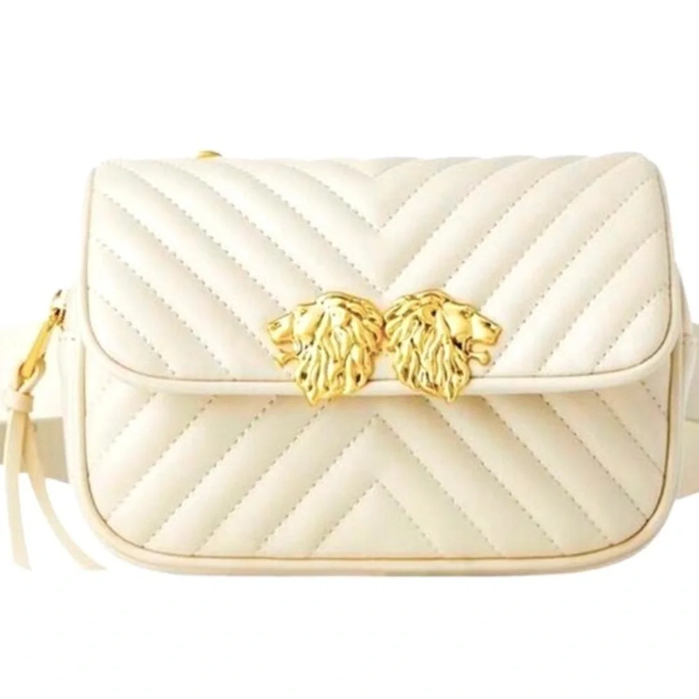 ZARA Double Lion Head Ivory Cross-Body Bag Adjustable with Gold Tone Accents NWT
